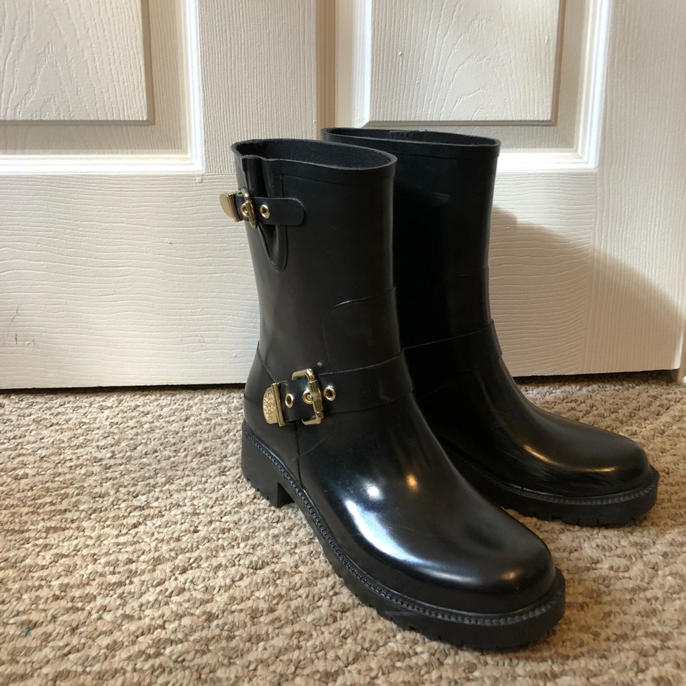 Vince Camuto Rain Boots with Gold Buckles